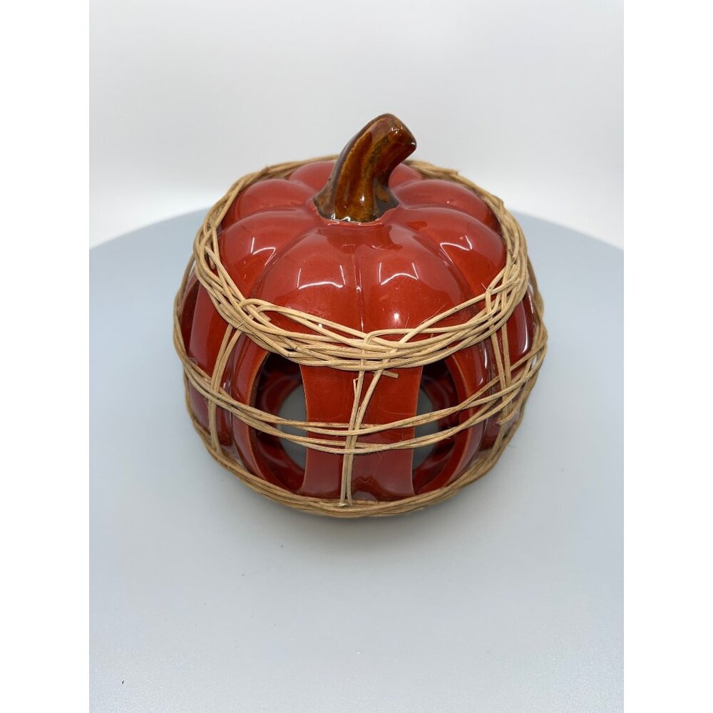 Ceramic Pumpkin Candle Holder With Rustic Wicker Detailing